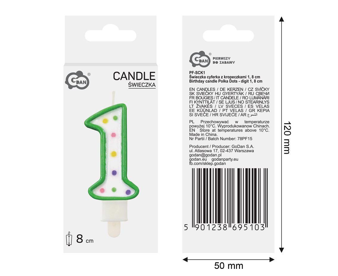 Birthday candle Polka Dots - digit 1, 8 cm